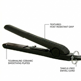 Ginalli Milano Tourmaline Flat Iron highlighting textured heat-resistant grip and ceramic plates. The hair straightener also features a tangle-free swivel cord for easy styling.