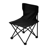 Lightweight black folding camping chair with sturdy metal frame and fabric seat.