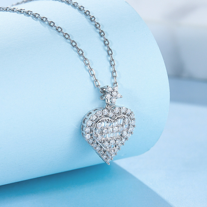 ZC Heart Shape Pendant Link Necklace Silver for Women