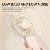 Handheld mini fan with display held in hand with airflow motion graphics. Designed for low noise operation and smooth airflow.