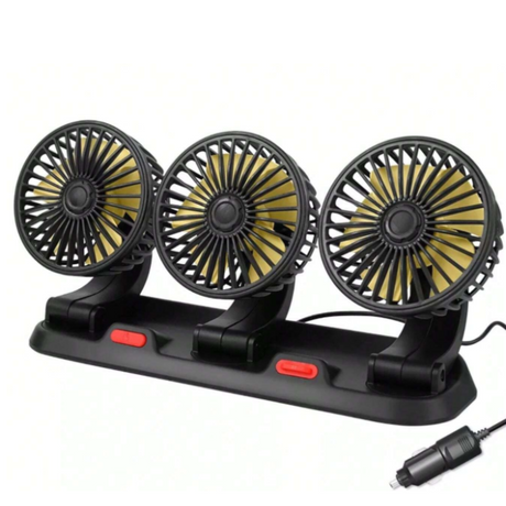 Triple head 360 degree car cooling fan with adjustable heads and cigarette lighter plug for efficient airflow.