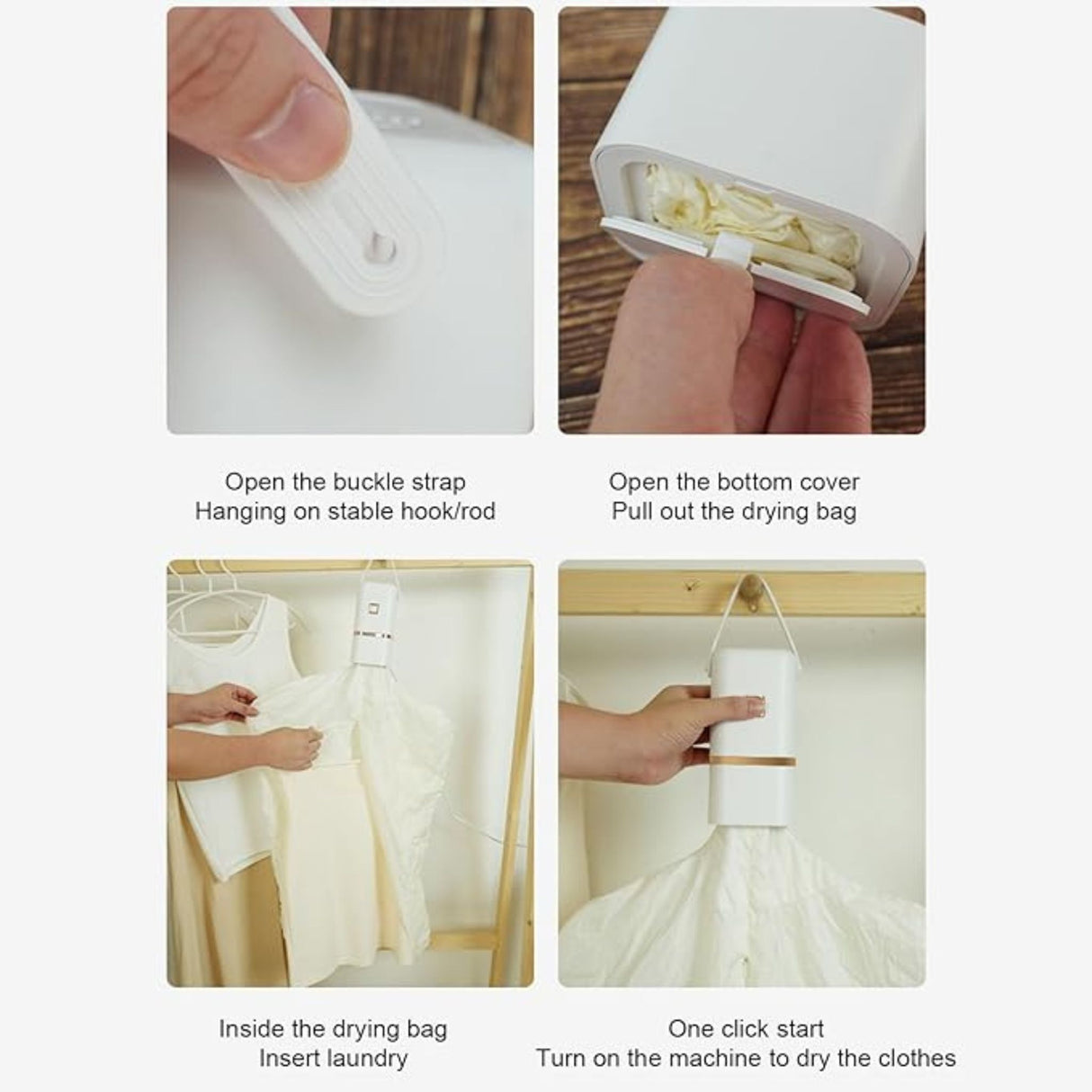 A four-step instructional graphic showing how to hang the portable mini clothes dryer, pull out the drying bag, insert laundry, and start the machine.