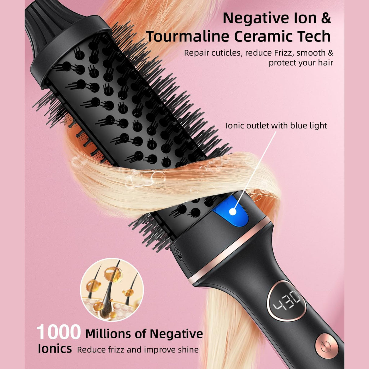Thermal curling brush using negative ion and tourmaline ceramic technology. Helps reduce frizz and enhance hair shine during styling.