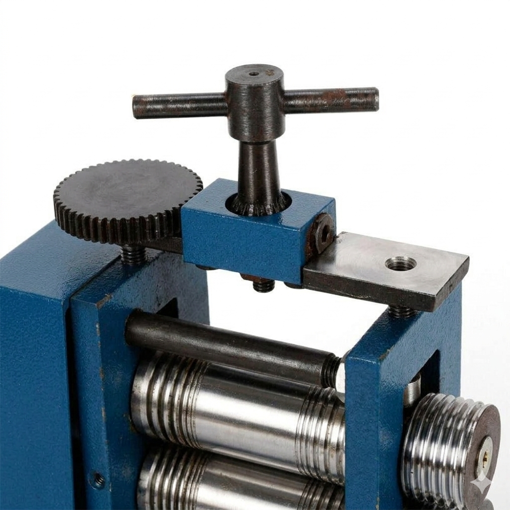 Close-up of jewelry rolling mill machine rollers and textured adjustment knobs