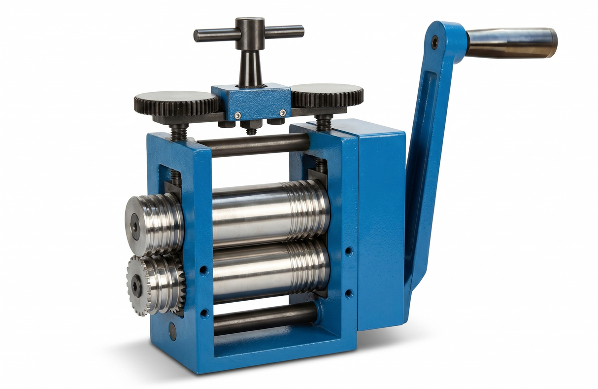 Blue jewelry rolling mill machine angled view showing adjustable gear controls