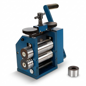 Jewelry rolling mill machine front view with sturdy frame and manual crank handle