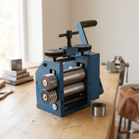 Jewelry rolling mill machine on workbench with hand crank and dual rollers