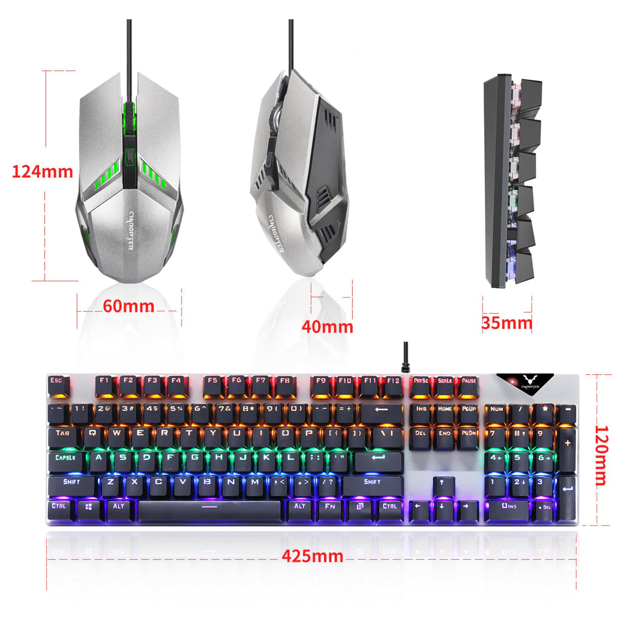 Gaming keyboard and mouse showing size dimensions and measurements. Full-size mechanical keyboard with compact gaming mouse.