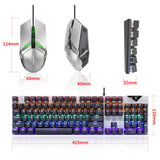 Gaming keyboard and mouse showing size dimensions and measurements. Full-size mechanical keyboard with compact gaming mouse.