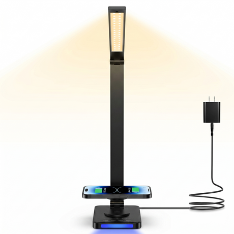 Modern LED desk lamp with foldable design and integrated phone charger