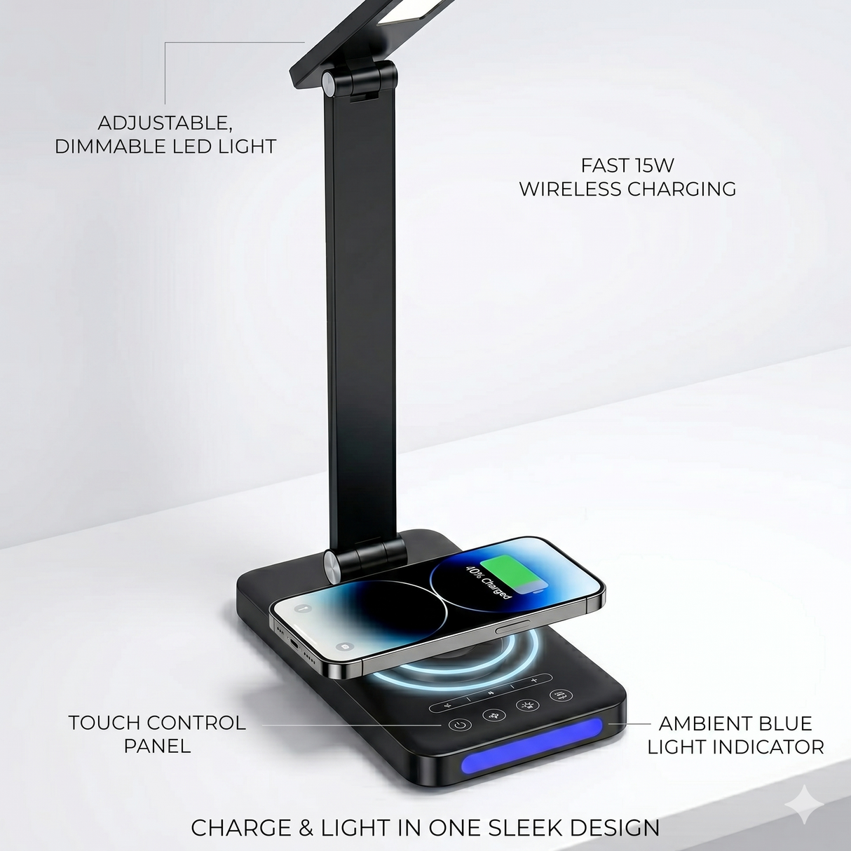 Adjustable LED desk lamp with fast wireless charging and touch controls
