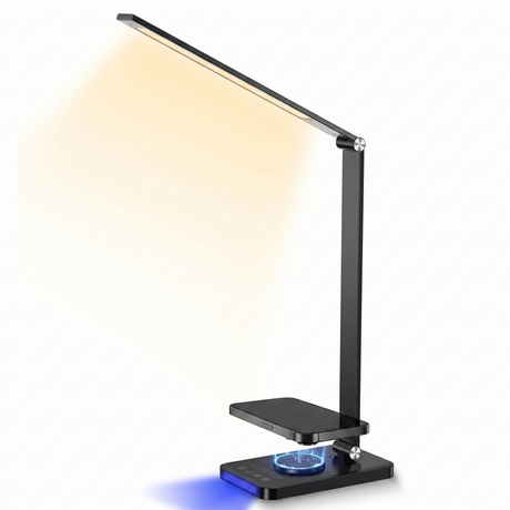 Slim LED desk lamp casting soft light with built-in wireless charging base