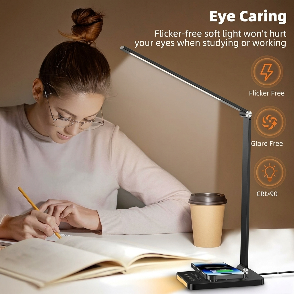 LED desk lamp with wireless charger illuminating workspace during study session