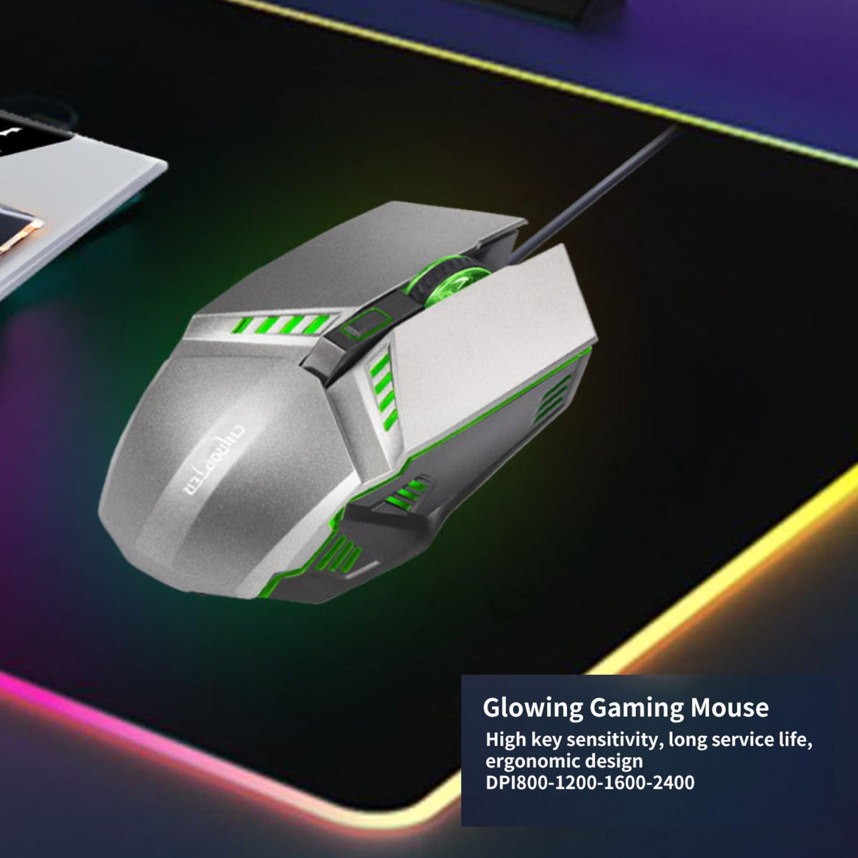 Wired gaming mouse with green LED lighting and ergonomic shape. Designed for precision control and comfort.