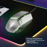 Wired gaming mouse with green LED lighting and ergonomic shape. Designed for precision control and comfort.
