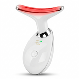 Angled view of the LED neck massager with illuminated red light therapy head. Compact ergonomic design with control button.