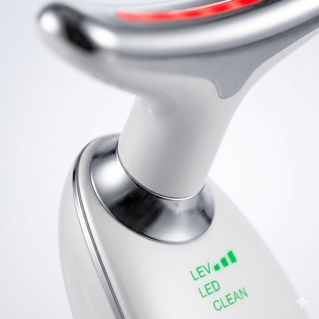 Close-up of the LED neck massager showing the light panel and control indicators. Detailed view of the sleek metallic and plastic finish.
