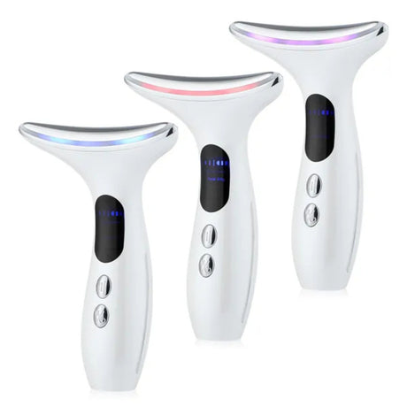 LED neck and face massager showing three devices with different light colors. Handheld skincare device with multiple light therapy modes.