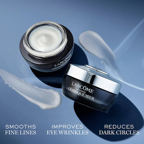 Two Lancome Advanced Genifique Eye Cream jars with cream swatches on a blue background. Text highlights benefits like reducing dark circles and smoothing fine lines.