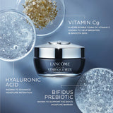 Lancome Advanced Genifique Eye Cream jar surrounded by ingredient visuals like hyaluronic acid and vitamin Cg. The image highlights key skincare components for hydration and brightness.