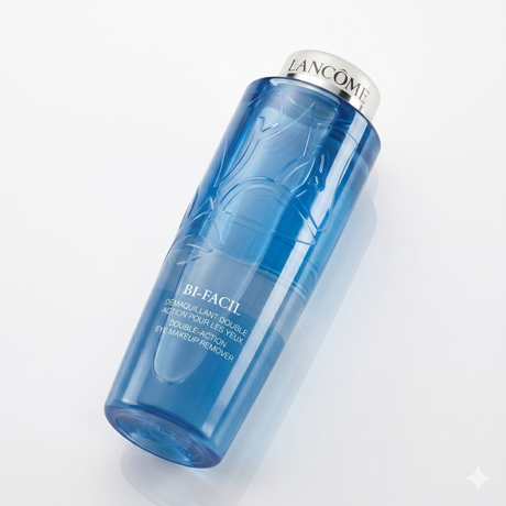Lancome Bi-Facil eye makeup remover bottle, blue dual-phase liquid angled view