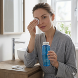Woman using Lancome Bi-Facil eye makeup remover with cotton pad on eye
