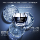 Lancome Genifique Night Repair Cream shown with key ingredients like hyaluronic acid and ceramides. The image explains moisture barrier support and hydration benefits.