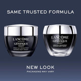 Two Lancome Genifique Night Repair Cream jars showing old and new packaging design. The formula remains the same with updated packaging.