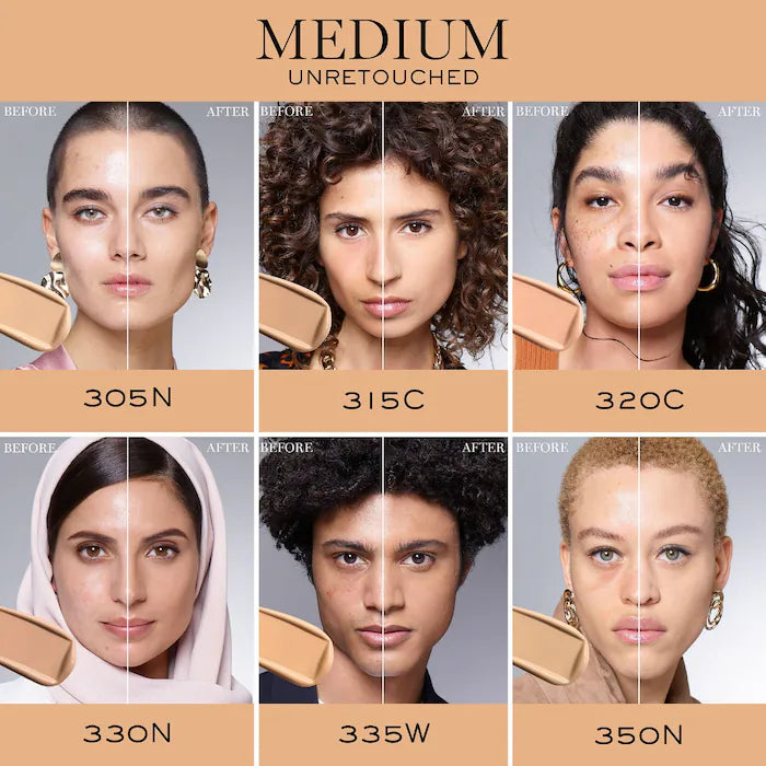 Model grid showing medium shades of Lancome Teint Idole Ultra Wear Foundation with before and after results. Demonstrates even skin tone and natural finish.