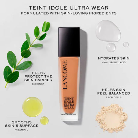 Lancome Teint Idole Ultra Wear Foundation shown with skincare ingredients like hyaluronic acid and vitamin E. The image highlights hydration and skin barrier protection benefits.