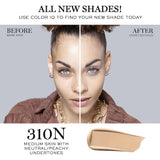 Close-up before and after of a model wearing Lancome Teint Idole Ultra Wear Foundation shade 310N. The foundation evens complexion with a smooth finish.