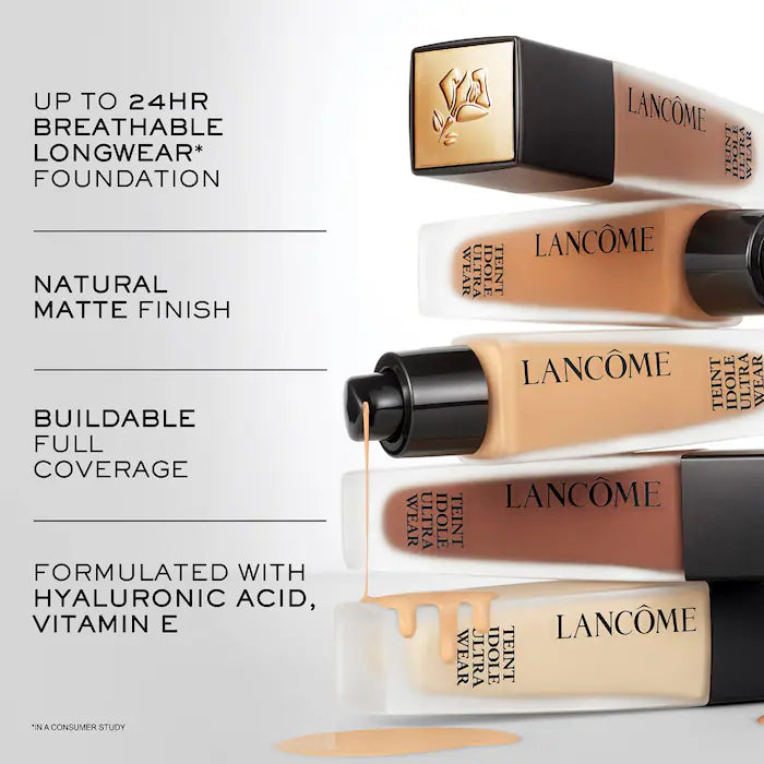 Multiple Lancome Teint Idole Ultra Wear Foundation bottles stacked with product texture flowing. Text highlights longwear, matte finish, and buildable full coverage.
