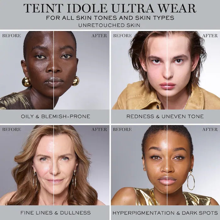 Before and after comparison showing Lancome Teint Idole Ultra Wear Foundation on different skin types. The foundation improves tone, reduces redness, and smooths skin appearance.