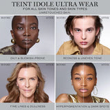 Before and after comparison showing Lancome Teint Idole Ultra Wear Foundation on different skin types. The foundation improves tone, reduces redness, and smooths skin appearance.