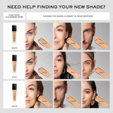 Shade guide of Lancome Teint Idole Ultra Wear Foundation with models and swatches. Helps users choose the closest match for their skin tone.