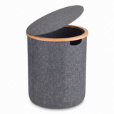Round laundry hamper with lid, gray fabric and bamboo rim
