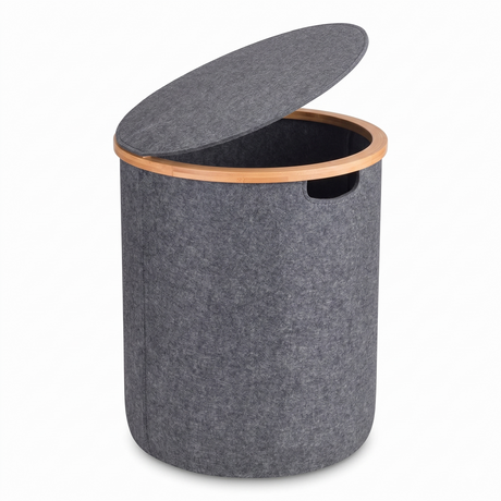 Round laundry hamper with lid, gray fabric and bamboo rim
