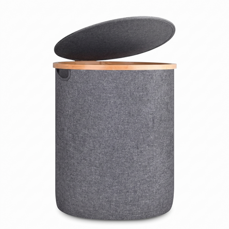 Gray round laundry hamper with lid, minimalist design
