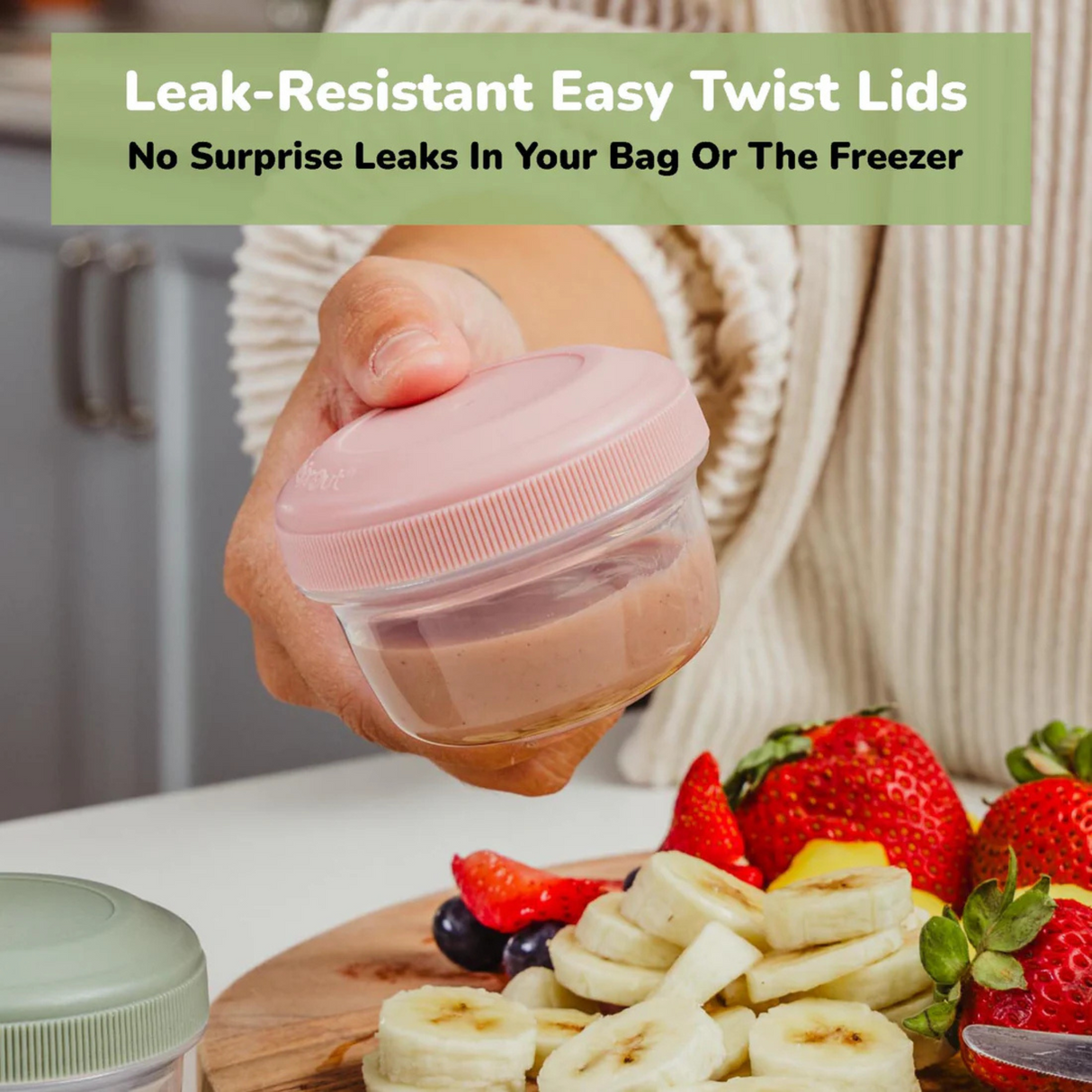 Close-up of sealed baby food container showing secure lid to prevent spills and leaks.