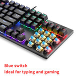 Close-up of RGB gaming keyboard with visible blue mechanical switches. Backlit keys highlight switch structure and lighting.