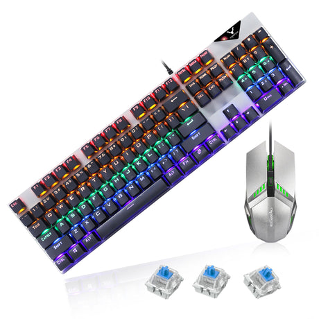 RGB mechanical gaming keyboard with mouse and extra blue switches. Includes accessories for customization and maintenance.