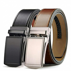 Men’s leather ratchet belt 2 pack featuring one black and one brown belt with sleek automatic slide buckle design. High-quality adjustable leather belts for men, perfect for formal or casual wear.