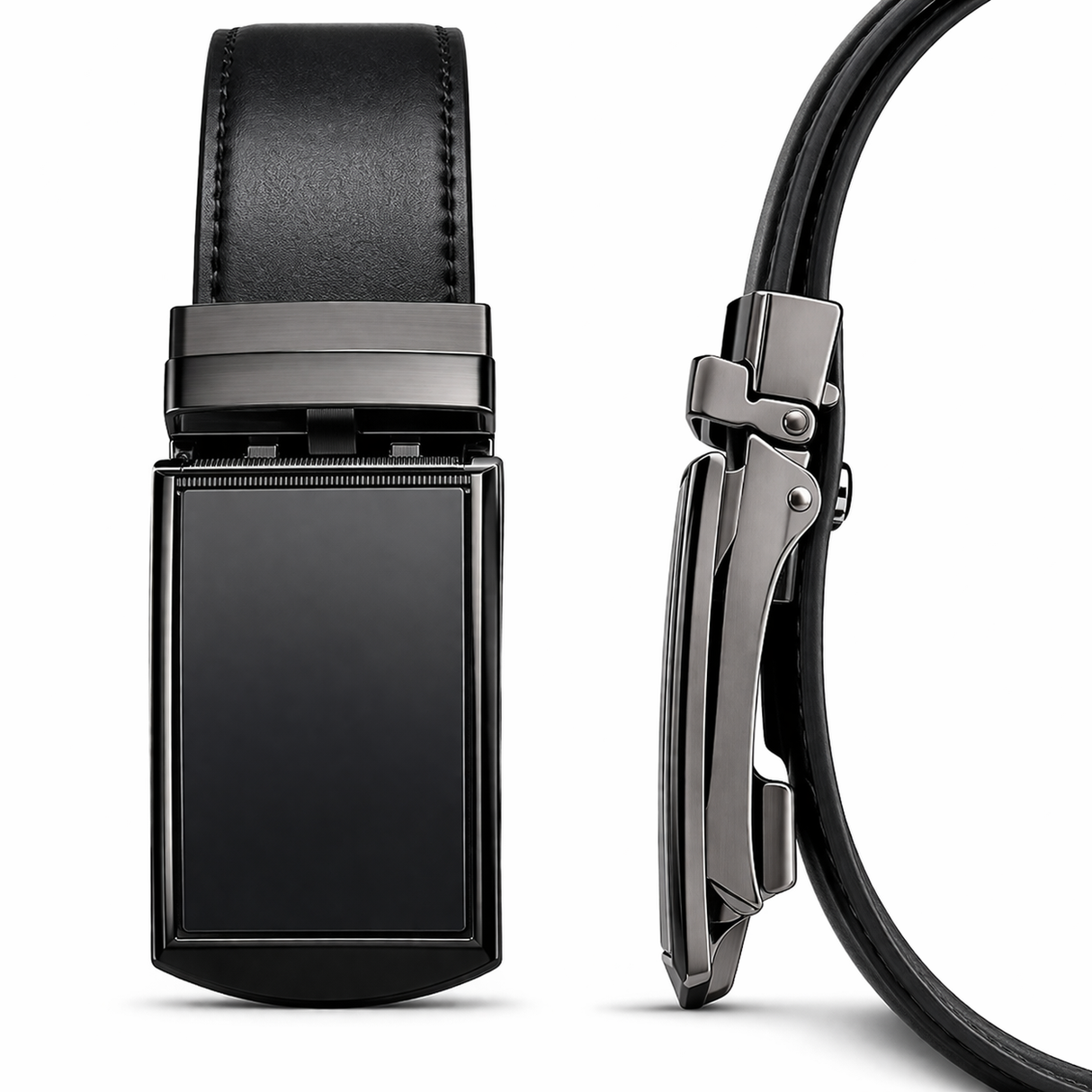 A sleek front and side-profile view of a men's leather ratchet belt featuring a minimalist matte black buckle. The image highlights the slim mechanism and the premium textured finish of the black leather strap.
