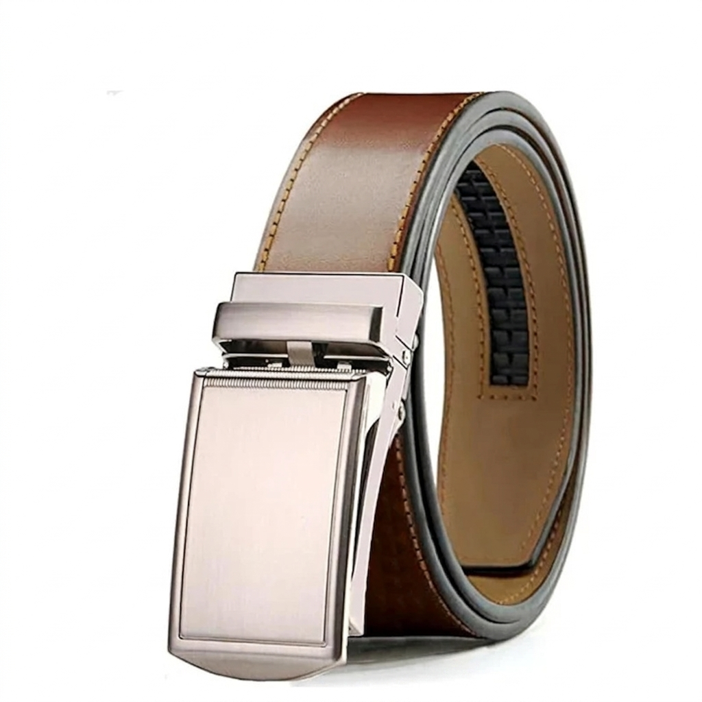 A professional studio shot of a brown men's leather ratchet belt coiled to show the internal track system. It features a polished silver-tone automatic buckle and durable reinforced stitching along the edges.