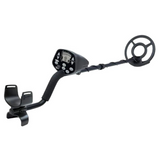 Adjustable metal detector with control panel, search coil, and armrest for treasure hunting.