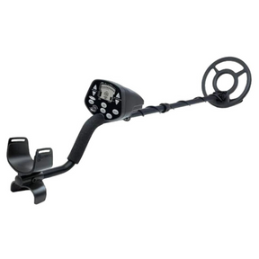 Adjustable metal detector with control panel, search coil, and armrest for treasure hunting.