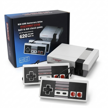 Mini game console system with controllers and retail packaging displayed