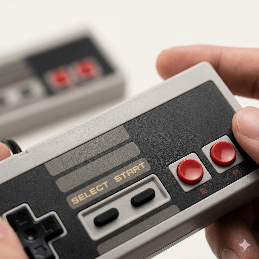Close-up of retro game controller showing buttons and directional pad detail