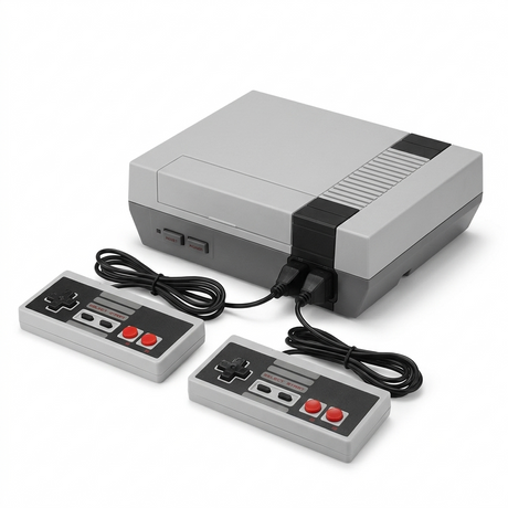 Mini retro gaming console with dual controllers on clean white background