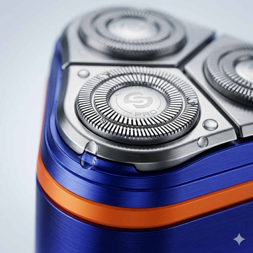 close up of 3 rotary blade electric shaver head showing precision cutting design